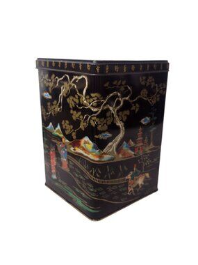 Vintage Baret Ware Asian Style Hinged Tin Tea Caddy England Garden Pagoda Geisha